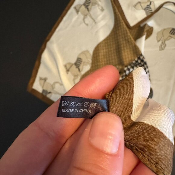 White & Brown Satin Houndstooth Horse Print Scarf, Square 27" x 27" - Picture 6 of 7